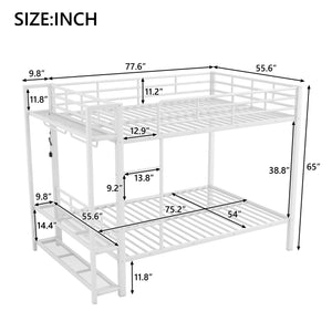 English Elm Full Size Metal Bunk Bed With Led Lights, Storage Shelves & Hooks - Stylish Space-Saver In White N7090000667K