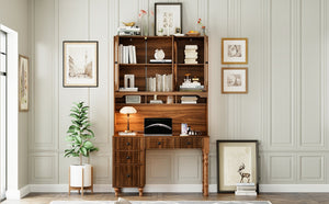 English Elm 47'' Retro Desk with Charging Ports, 5 Drawers & Glass-Door Hutch Cabinet for Home Office Walnut N733S357626D