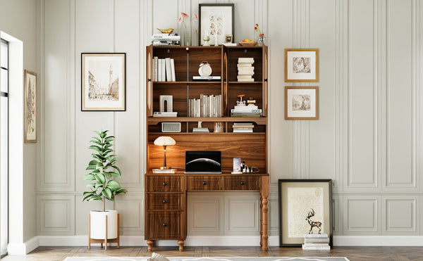 English Elm 47'' Retro Desk with Charging Ports, 5 Drawers & Glass-Door Hutch Cabinet for Home Office Walnut N733S357626D