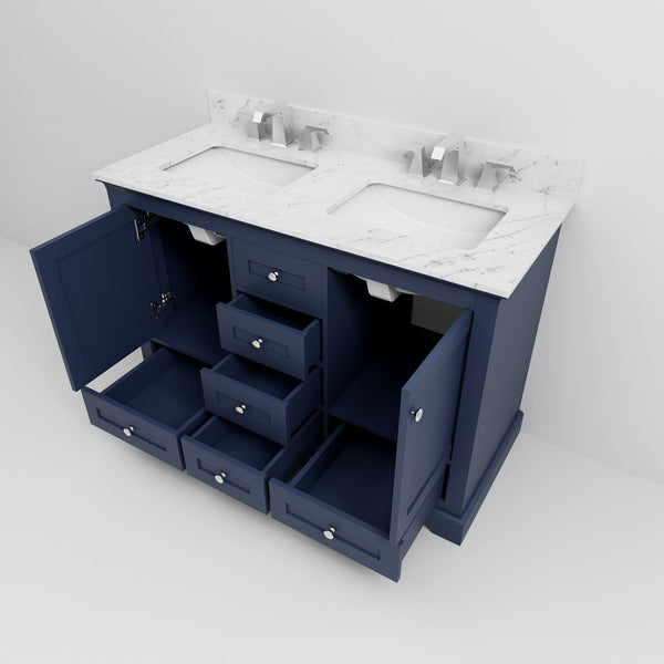 English Elm Navy Double Bath Vanity 48" W x 22" D with Carrara Marble Top, Soft-Close Storage & Chrome Faucet Set B2731P258333