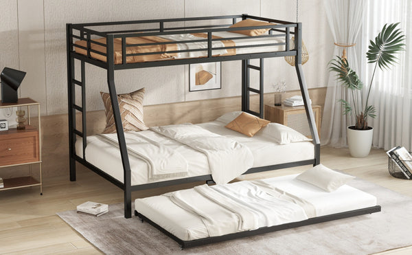 English Elm Twin Metal Bunk Bed With Full Bed & Trundle - Modern Space-Saving Design For Shared Rooms, Black W1580S00130-GIGA