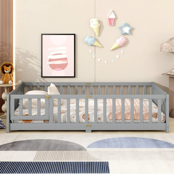 English Elm Twin Size Floor Bed With Built-In Fence & Door, Eco-Friendly Rubberwood Frame For Kids' Safety & Style W504P286372-GIGA