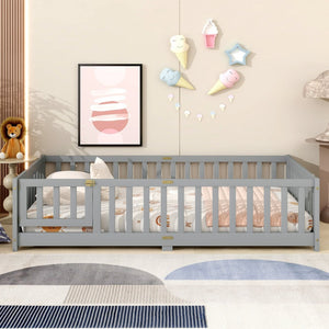 English Elm Twin Low Profile Rubberwood Floor Bed with Full Safety Fence for Toddler Rooms Grey W504P429267