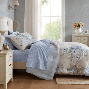 English Elm 7-piece Full Vintage Botanical Floral Reversible Comforter Set Beige Blue Microfiber B035P408240