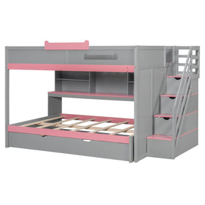 English Elm House-shaped Pine Bunk Bed with Built-in Slide Storage Staircase Twin Over Full Kids Frame Gray N820S00067E