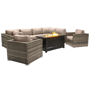 English Elm Lsi 9-Piece Outdoor Sectional Set With Luxurious Fire Pit Table & Weather-Resistant Cushions B120S00117
