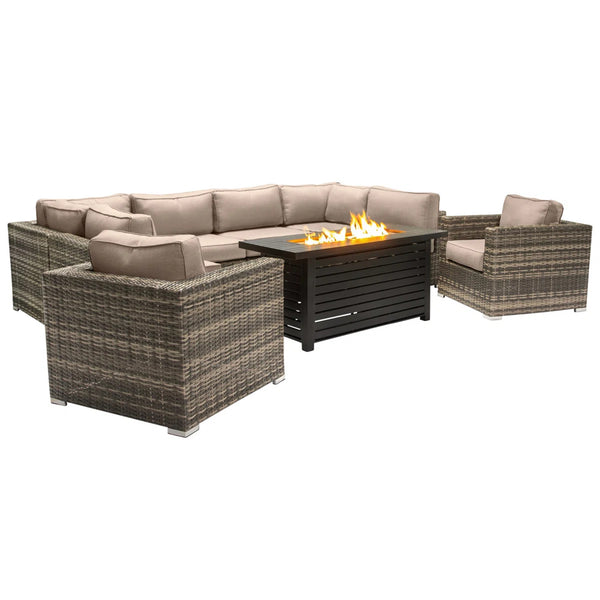 English Elm Lsi 9-Piece Outdoor Sectional Set With Luxurious Fire Pit Table & Weather-Resistant Cushions B120S00117