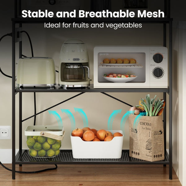 English Elm Large Five Tier Industrial Bakers Rack with Built in Outlets Microwave Stand Kitchen Organizer Black T3623P431203