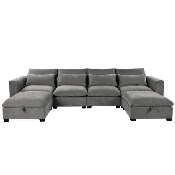 English Elm U_style Modular U-shaped Sectional Sofa with Storage Ottomans Linen Polyester 6 Seat Gray WY000462AAE