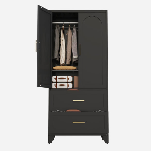 English Elm 71" Steel Wardrobe with Hanging Rod Two Drawers and Shelf for Compact Bedroom W3387P411306