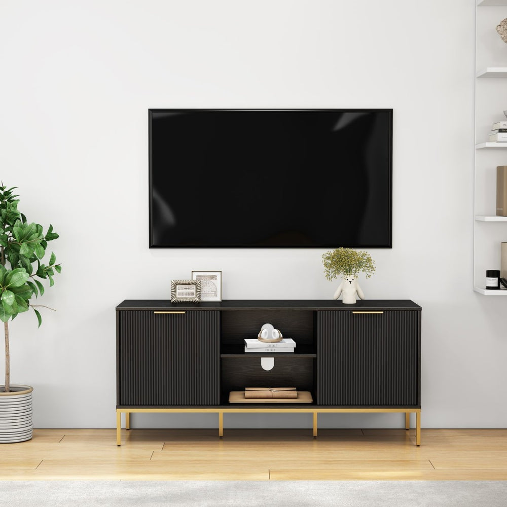 English Elm Modern Wave Door Media Console with Gold Legs Soft Close Hinges and Open Shelf W3151P407896