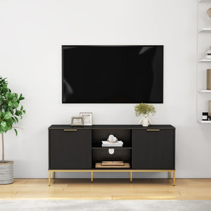 English Elm Modern Wave Door Media Console with Gold Legs Soft Close Hinges and Open Shelf W3151P407896