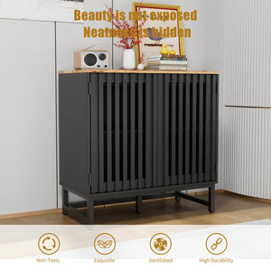 English Elm Cabinet Black Slatted Grille 6-Drawer Dresser, Modern MDF Sideboard with Metal Legs & Adjustable Shelves W578P193310