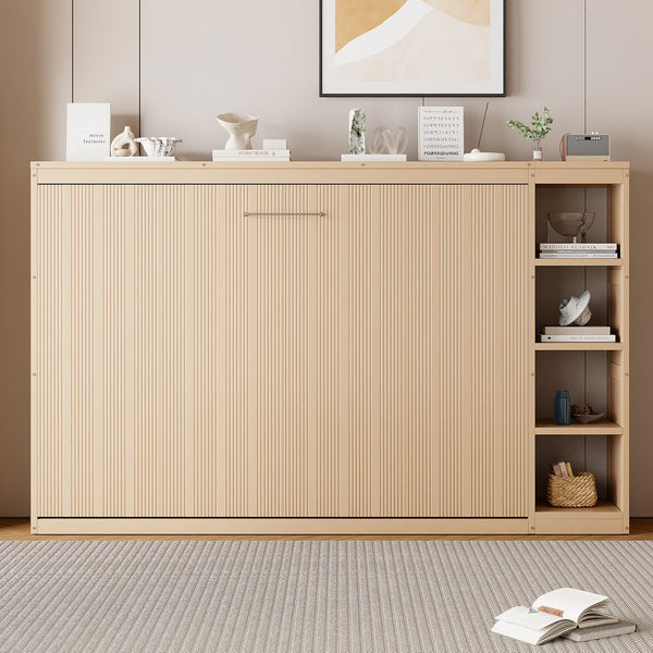 English Elm Full Full Size Murphy Bed with Bookshelf and Fold-Down Work Surface, Space-Saving LVL/MDF Design Natural GX002220AAN