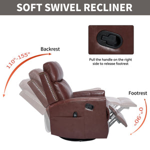 English Elm Wine Red Genuine Leather Swivel Rocker Recliner with Massage Heat for Living Room W1803P323712