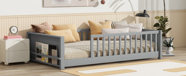 English Elm Twin Floor Platform Bed With Book Rack - Cozy Grey Design, Safe Low Profile, Easy Assembly & Storage W504P345764-GIGA