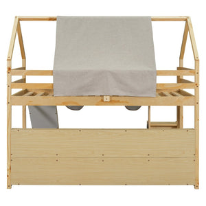 English Elm Twin House Loft Bed with Tent Canopy Slide and Shelves Pinewood Kids Frame Natural LT000682AAD-1