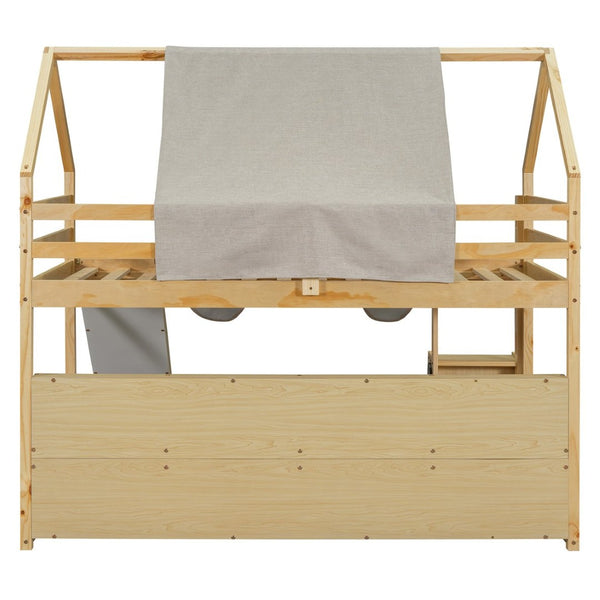 English Elm Twin House Loft Bed with Tent Canopy Slide and Shelves Pinewood Kids Frame Natural LT000682AAD-1