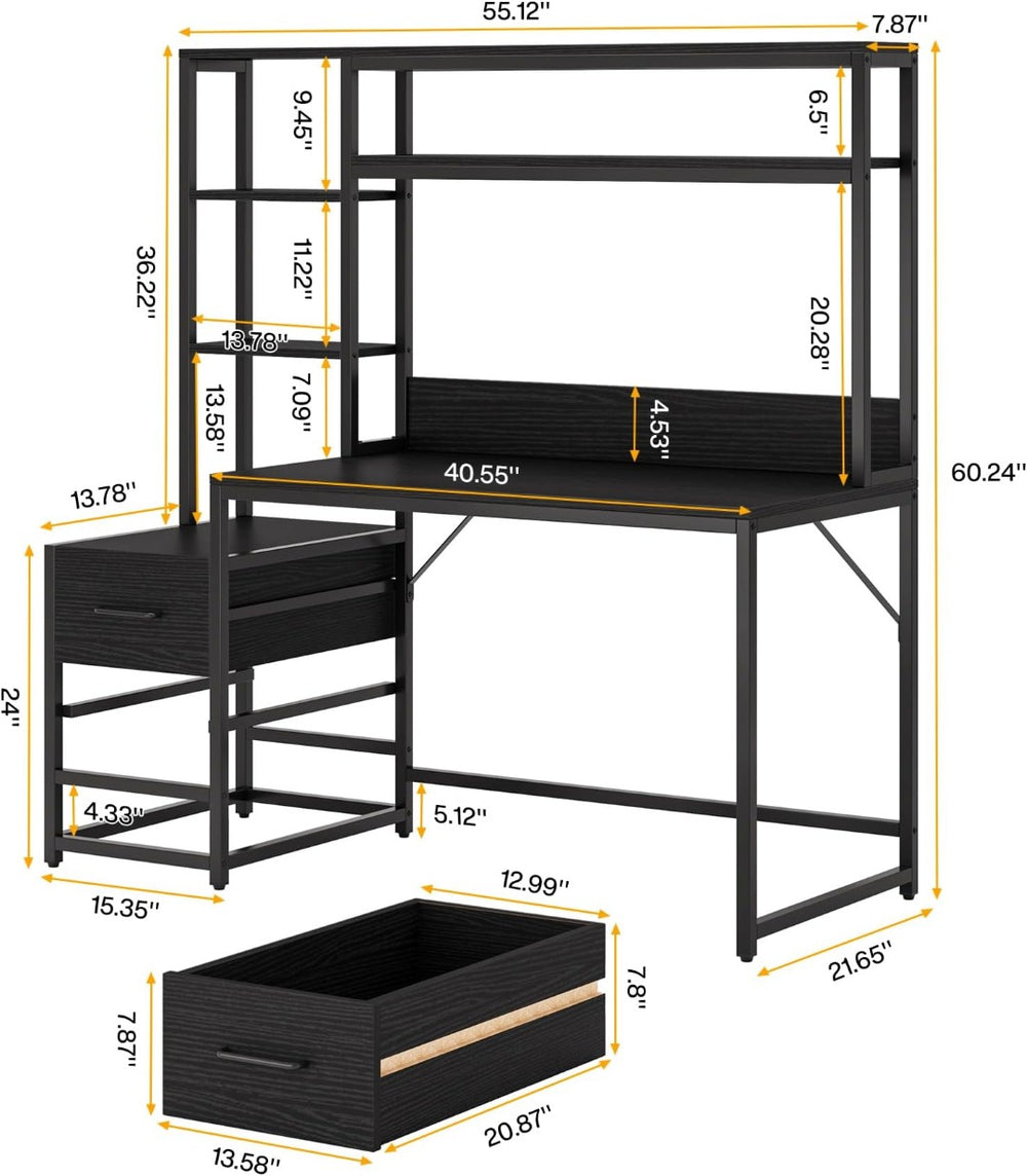 English Elm Office Writing Desk with Hutch Rustic Veneer Top Black Metal Frame Industrial Storage T3971P461381