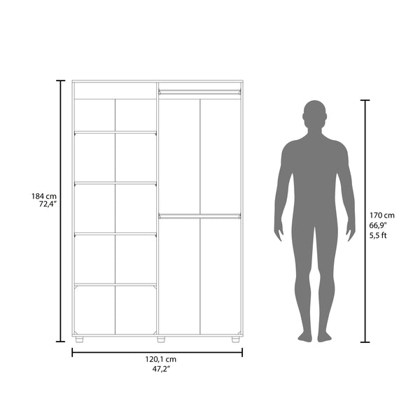 English Elm Eco 72" High 6-Tier Shelf Cabinet Armoire with Two Hanging Rods, Five Shelves, Mobile Storage Unit White 79.37 L x 22.83 W x 4.33 H B070S00349