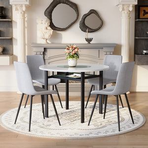 English Elm Table and Chair Set 42 Inch Round Wood Grain Dining with 4 Linen Cushioned Seats Light Gray,White+Black W1151S04506