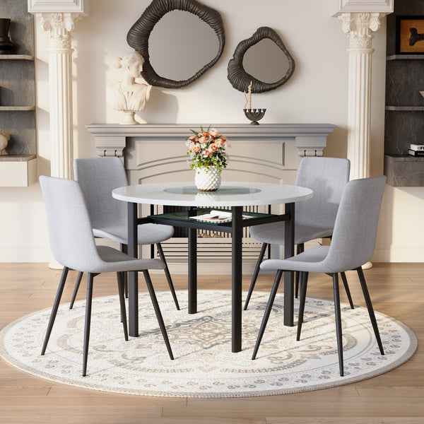 English Elm Table and Chair Set 42 Inch Round Wood Grain Dining with 4 Linen Cushioned Seats Light Gray,White+Black W1151S04506
