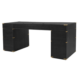 English Elm 70" Executive Writing Desk with Gold Metal Trim Seven Drawers and Built-in Power Outlets N751S376579B