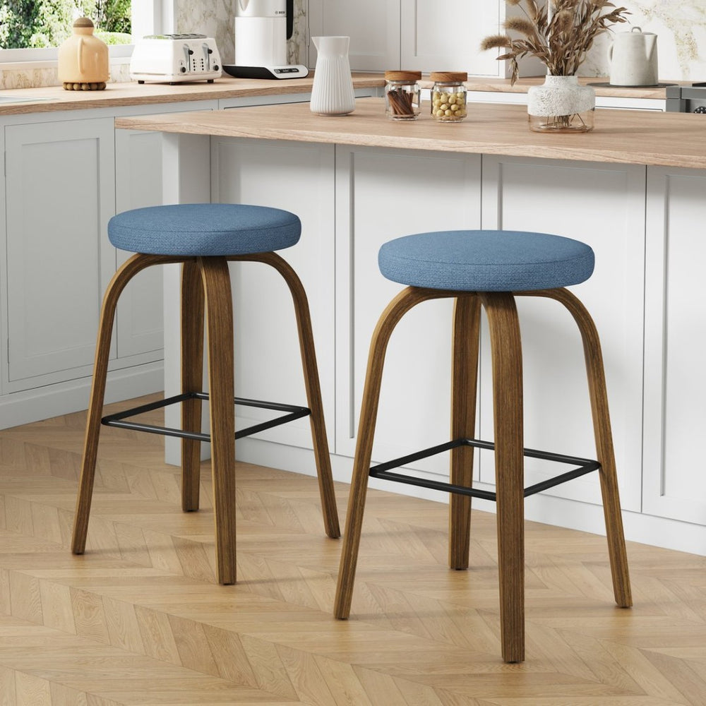 English Elm Swivel Backless Counter Stools Set of 2 with Fabric Seat Bentwood Legs Mid-century Modern Blue W3107P446559