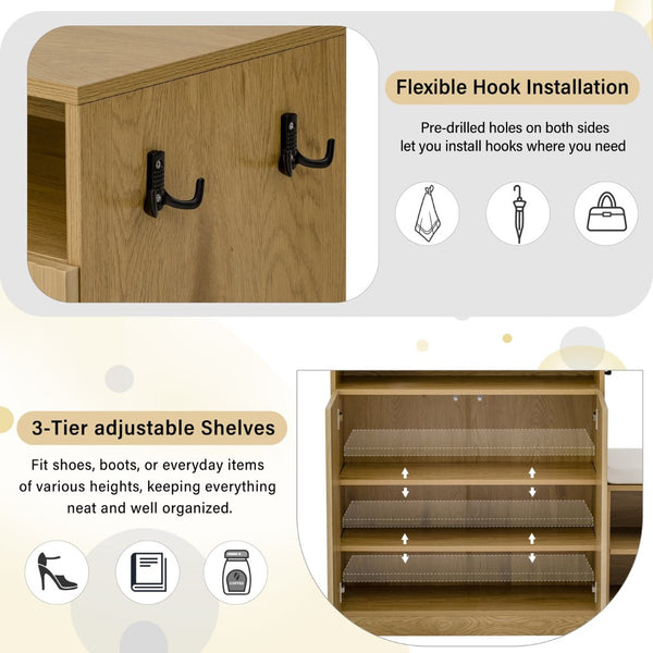 English Elm U_style Entryway Console Set with Wavy Doors Cushioned Bench and Adjustable Shoe Storage N711P345166O