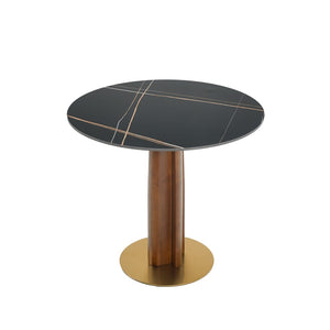 English Elm Modern Round Dining Table - 33.5" Sintered Stone Top With Wooden Legs & Gold Base For Small Spaces P4 W1535S00602-GIGA