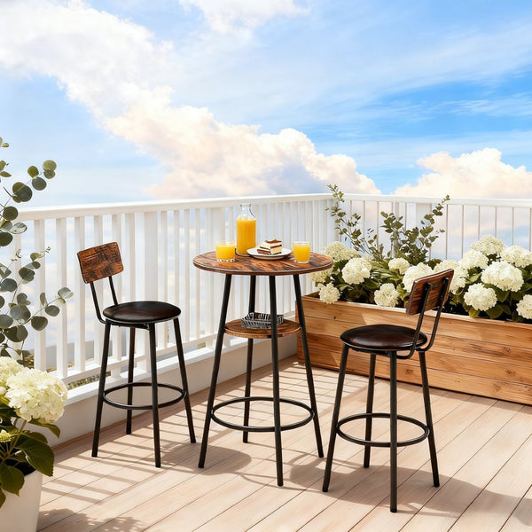 English Elm 3 Piece Bar Height Dining Set with Two Tier Storage and Pu Upholstered Stools Rustic W3204P428254