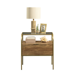 English Elm Night Stand - Contemporary Brown Finish With Metal Frame, Glass Top & Versatile Storage Solutions B356P402578