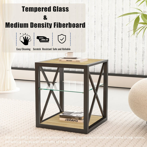English Elm Set Of 2 Industrial Modern End Tables With Tempered Glass & Wood Top – Stylish Nightstands For Any Space W241P246917-GIGA