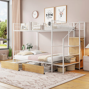 English Elm Twin Metal Bunk Bed Twin-Over-Full with Built-In Drawer, Ladder Storage, Wardrobe & Trundle Utility White SF000174AAK