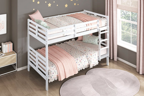 English Elm Twin Twin-over-Twin Bunk Bed with Guard Rails and Integrated Ladder, Oak-Veneer Durable Frame, Space-Saving Design White 44 L x 34.5 W x 7 H B011S01857
