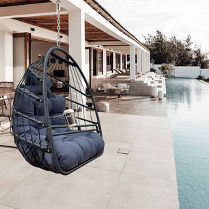 English Elm Swing Hammock Egg Chair with Wood-Grain Alloy Frame, UV-Resistant Rattan, Foldable 350lb Capacity Black W2707P184373