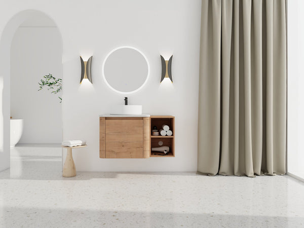 English Elm 36'' Wall-Mounted Bathroom Vanity With Ceramic Sink, Soft-Close Door, Stylish Shelves & Easy Assembly W999S00406