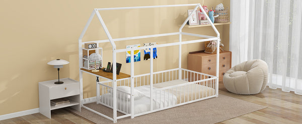 English Elm Twin House Bed Frame with Roof & Fence, Metal Twin Loft with Built-In Desk Shelves USB Outlets White N737P173490K