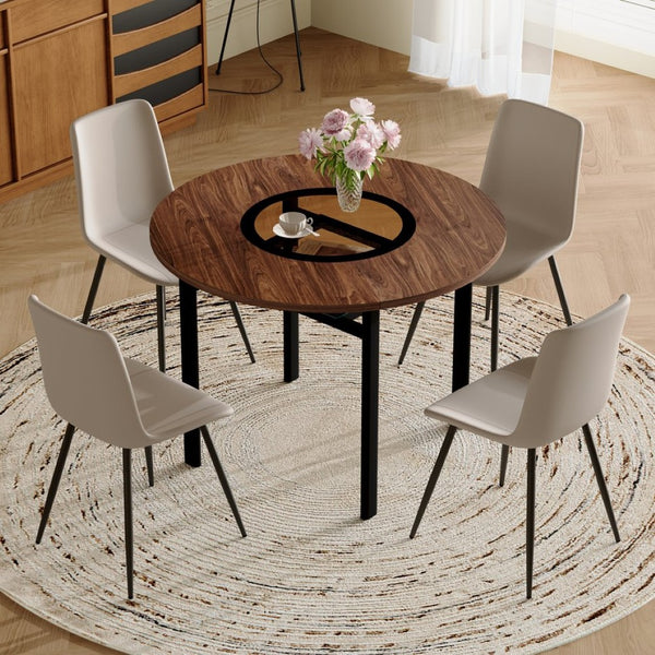 English Elm Table and Chair Set 42 Inch Round Wood Grain Dining with 4 Linen Cushioned Seats Brown+Black,Light Gray W1151S04483