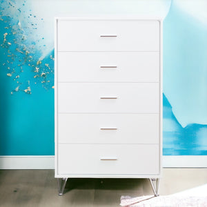 English Elm White 5-Drawer Chest For Modern Storage | Crisp Finish, Polished Chrome Legs & Effortless Access B062P209028-GIGA