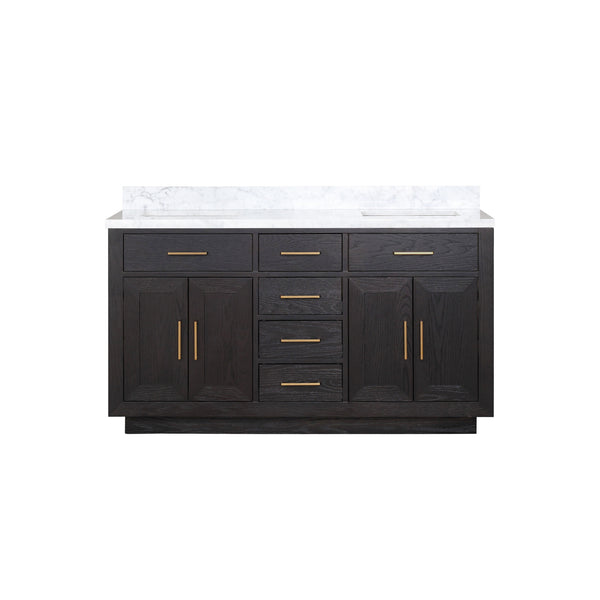 English Elm Black Oak Double Bath Vanity With Carrara Marble Top - Elegant 60” W X 22” D, Fully Assembled Quality B2731P260834