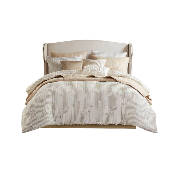 English Elm 10 Luxury Jacquard Cal King Comforter Set with Quilt, Bed Skirt & Decorative Pillows — Plush Polyester Fill Ivory 23.62 L x 18.9 W x 15.75 H B035P319218