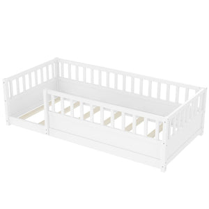 English Elm Twin Montessori Floor Bed Solid Pine Frame with Safety Fence Door for Kids Play Space White W1858P382398