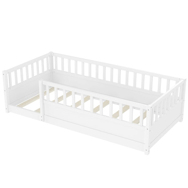 English Elm Twin Montessori Floor Bed Solid Pine Frame with Safety Fence Door for Kids Play Space White W1858P382398