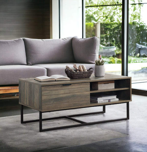 English Elm Homare Rustic Oak Coffee Table with Black Metal Legs, 1 Door & 2 Open Shelves, Adjustable Height B2726P281466