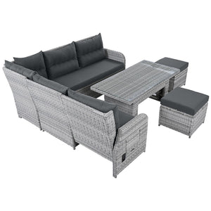 English Elm Outdoor Furniture Set: Modern Rattan Patio Set With Adjustable Recliners, Glass Tables & Ottomans N719Z000120E-GIGA