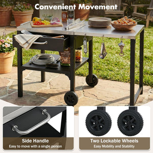 English Elm Outdoor Bbq Prep Cart Rolling Stainless Steel Grill Station with Foldable Work Surface Black N719P407403B