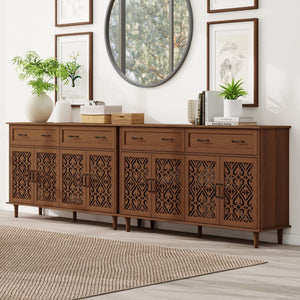 English Elm 4 Door Sideboard Buffet with Hand Carved Geometric Panels Black Oak Finish Raised Legs W688P359947