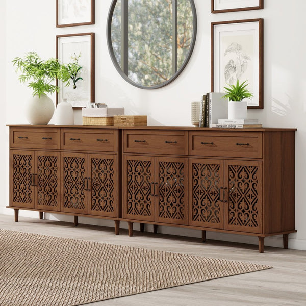 English Elm 4 Door Sideboard Buffet with Hand Carved Geometric Panels Black Oak Finish Raised Legs W688P359947
