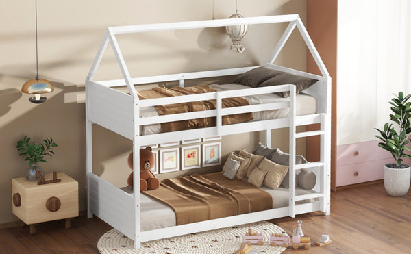 English Elm Twin House-Style Twin Bunk Bed With Safety Guardrails, Ladder & Play Space – White Rubberwood Design W504P227972-GIGA